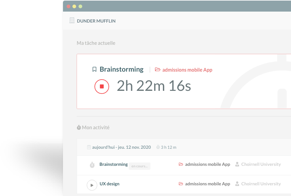 copie d'écran de l'application : suivi du temps de la tâche en cours