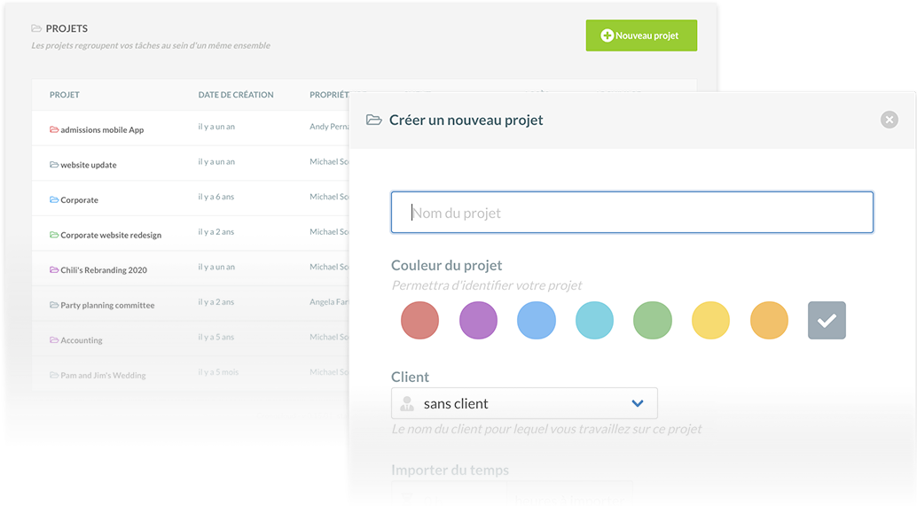 copie d'écran de la vue de gestion des projets