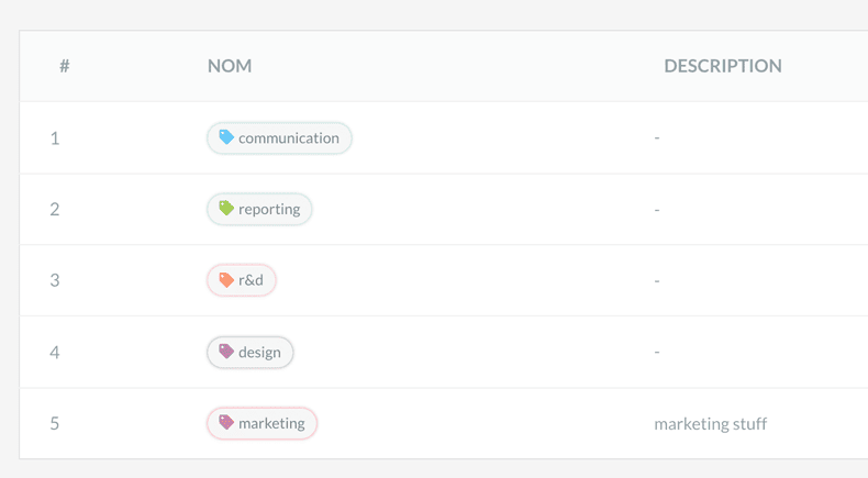 screenshot liste de tags dans l'application